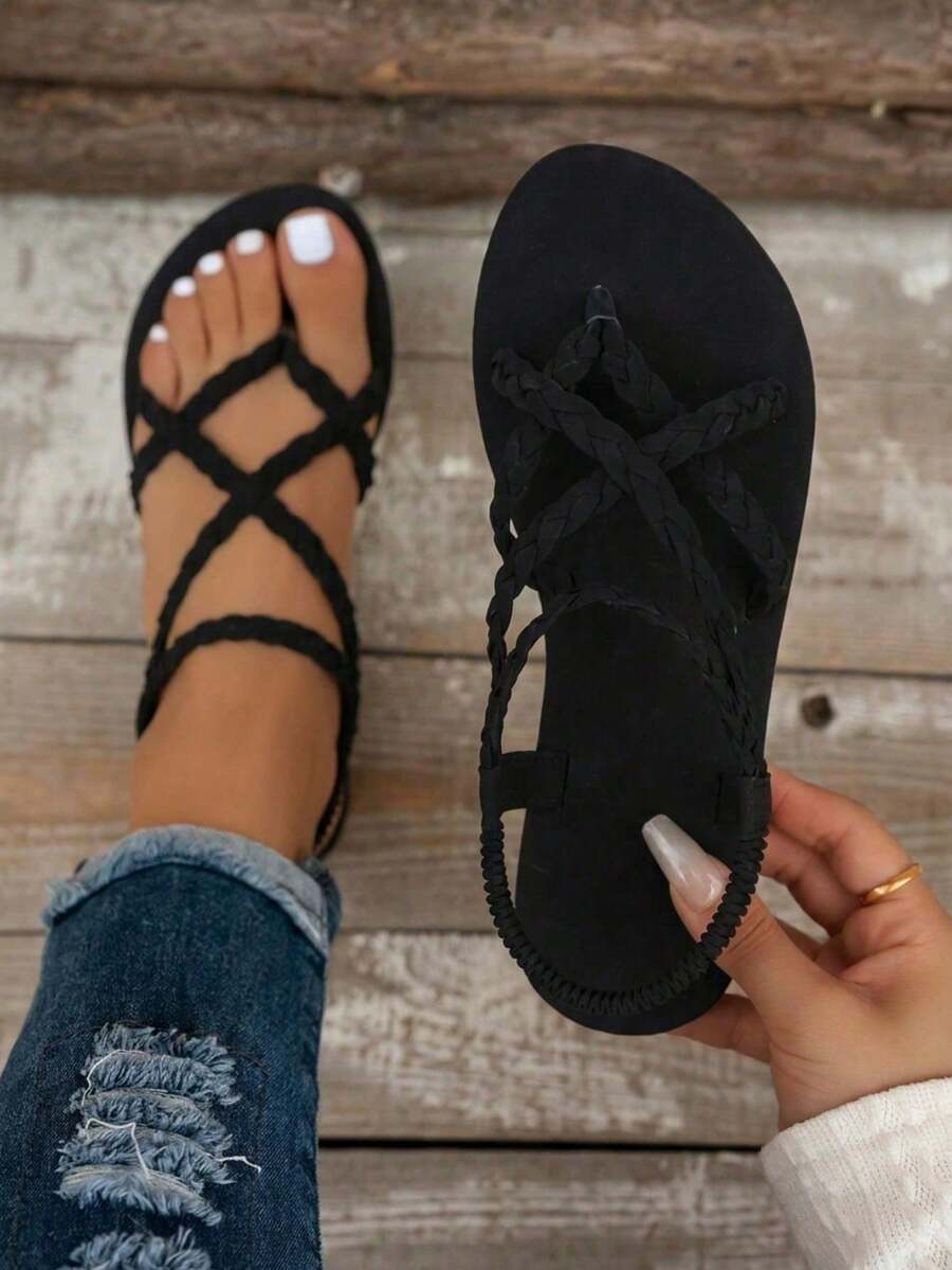 Bohemian Woven Women Casual Slip-On Flat Sandals, Minimalist European And American Style For Home, Party, Beach, Non-Slip Sole, Comfortable Wear
