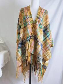 1pc Women's Polyester Line Wave Pattern Shawl, Summer Vintage Bohemian Style With Tassels, Suitable For Outdoor Travel - Size 35 Yellow - View 3