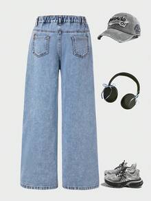Girls Casual Loose Straight Leg Ripped Jeans, Light Blue, Summer, Street Style, Campus Style, Back To School Season Elastic Waist Distressed Denim - Blue - View 3