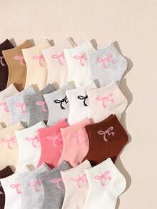10/20 Pairs Random Girls' Bowknot Print Boat Socks, Multi-Color Mixed Low-Cut Invisible Short Socks, Breathable Comfortable Non-Stuffy, Spring/Summer Thin Low-Top Socks, Versatile Daily Commute Socks - Multicolor - View 3