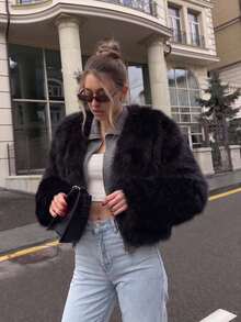 Women's Solid Color Fashionable Playful Versatile Short Fur Jacket - Black - View 6
