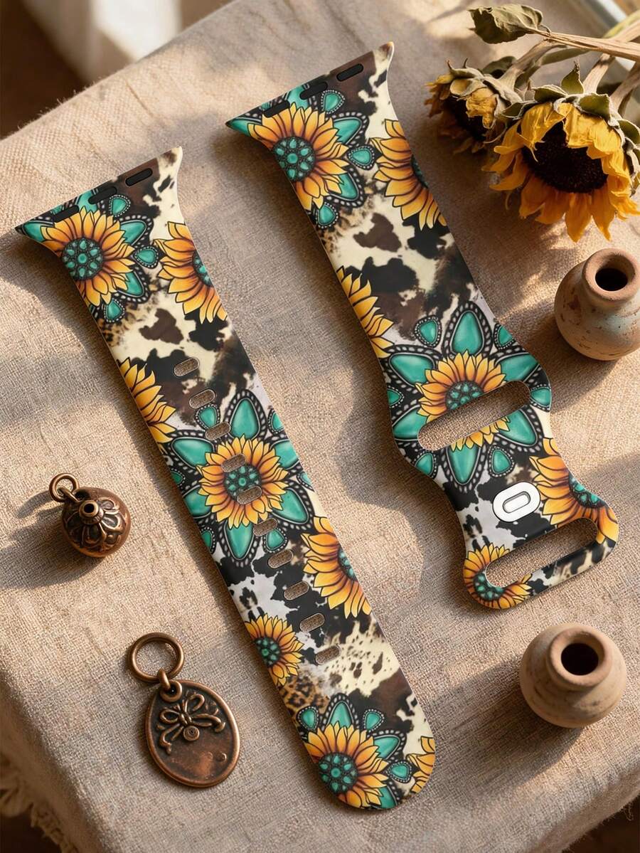 Vintage Green Gemstone Sunflower 2D Printed Silicone Watch Band Compatible With Apple Watch 40mm/41mm/42mm/44mm/45mm/46mm/49mm, Soft Comfortable Casual Sports Rivet Buckle Watch Band Compatible With Apple Watch Series Ultra/11/10/9/8/7/6/5/4/SE, Compatible With Apple Watch Men's Women's Smart Watch Band - UV054-emerald Sunflower - View 1