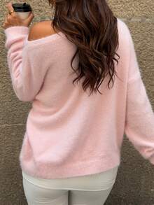 Women's Casual Loose Knit Solid Color Ribbed Soft Fuzzy Sweater, Suitable For Beach & Vacation - Pink - View 3