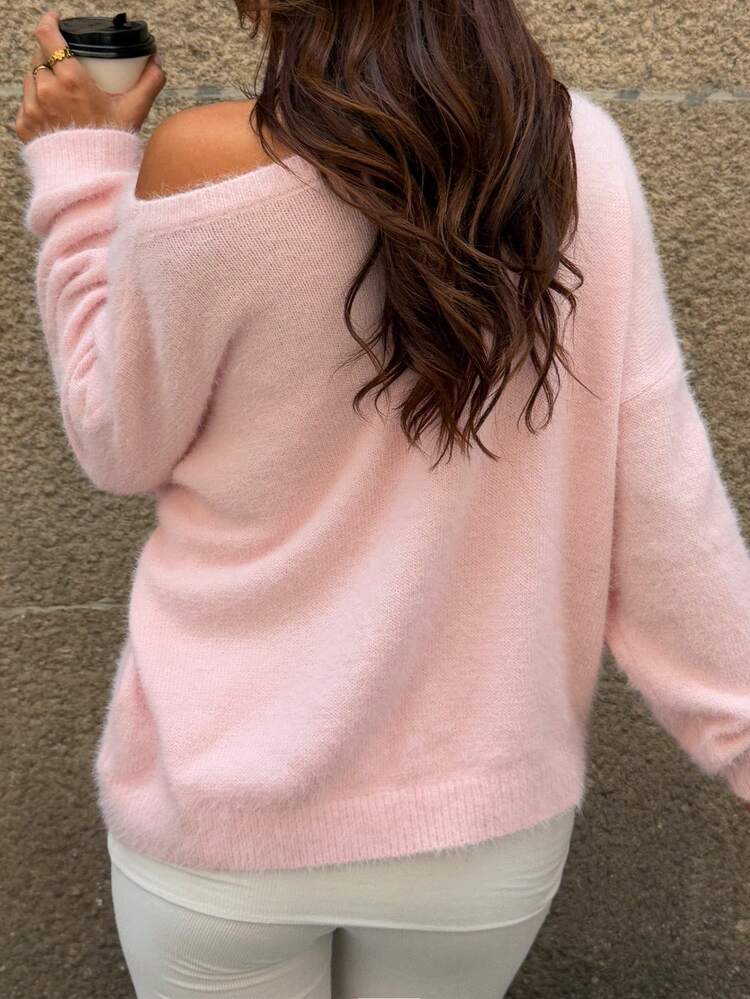 Women's Casual Loose Knit Solid Color Ribbed Soft Fuzzy Sweater, Suitable For Beach & Vacation - Pink - View 3