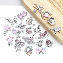 5/20pcs Silvery Plated Pink Rhinestone Charms Ballerina Fairy Butterfly Bear Moon Star Bow Shell Pendant For DIY Necklace Earring Jewelry Making - Pink - View 4