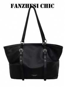 Minimalist Tote Bag With Lychee Textured PU Fabric, Metal Ring Buckle, Adjustable Long Handle, Open Top, Loose Soft Body, Large Capacity, Practical And Versatile, For Women, Campus, Commute, Daily Outings, Handbag, Shoulder Bag - Black - View 6