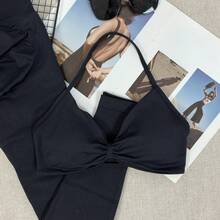 Set 2pcs Pakaian Yoga Wanita Tanpa Jahitan, Bra Olahraga Leher Halter & Legging Pengangkat Pinggang Tinggi untuk Latihan di Gym - Hitam - View 4