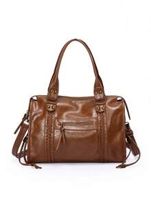 Vintage Faux Leather Shoulder Bag, Fashion Design Large Capacity Shoulder Bag, Niche Classic Multi-Functional Handbag, Suitable For Daily Commute - Brown - View 5