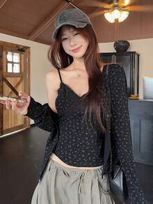 蕾絲花卉細肩帶背心與長袖開襟衫套裝，修身 2 件組，女款度假黑色優雅 - 黑色 - 查看 5