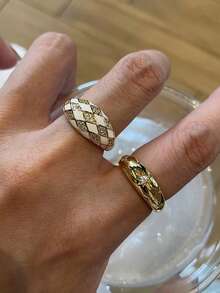 3er Set elegante luxuriöse geometrische Öltropfen-Stapelringe mit kubischem Zirkonia, offen, geeignet für den täglichen Gebrauch und Anlässe von Frauen - Goldgelb - Übersicht 2