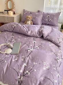 2/3pcs Purple Double-Sided Plum Blossom Branch Print Duvet Cover Set (Pillow Inserts Not Included), Breathable & Super Soft, Suitable For All Seasons (1 Duvet Cover + 1/2 Pillowcases, Pillow Inserts Not Included), Soft Dual-Color Design - Purple - View 2