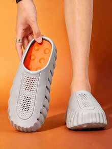 Men's Perforated Serrated Thick Sole Slip-On Sandals, Functional Style Hollow Shoes, Summer Outdoor Casual Slippers, Bathroom Anti-Slip Slides - Grey Orange - View 3