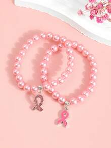 European And American Breast Cancer Awareness Pink Beaded Bracelet For Women, Pink Ribbon Pendant Hand Accessory - Multicolor - View 2