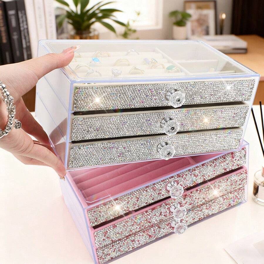 1pc 3-Layer Rhinestone Jewelry Storage Box, Multi-Function Large Capacity Jewelry Container With Drawers, Can Store Rings, Earrings, Bracelets, Necklaces