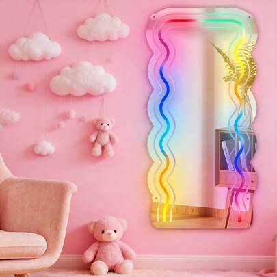 Lampu Neon LED Holografik Gelombang, Lampu Neon Cermin Gradien RGB Berwarna-warni, Cermin Bercahaya Dekoratif untuk Dinding Kamar Tidur, Ditenagai USB