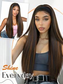 Synthetic Headband Wig For Women Half Wig Black Mixed Brown Highlight Wig Wear And Go Glueless Wig Long Straight Heat Resistant Fiber Daily Party 26 Inch - Multicolor - View 5
