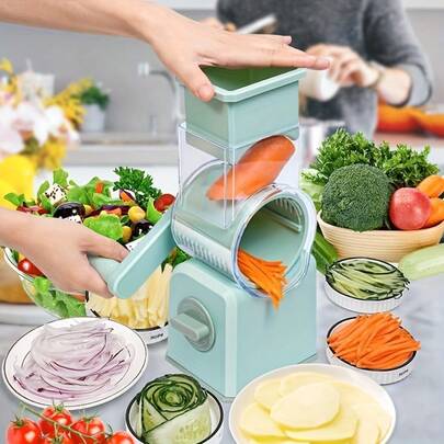 Rebanadora de verduras manual multifunción con tambor giratorio, rallador y picador, accesorio de cocina con cuchillas intercambiables para patata, pepino, zanahoria y queso