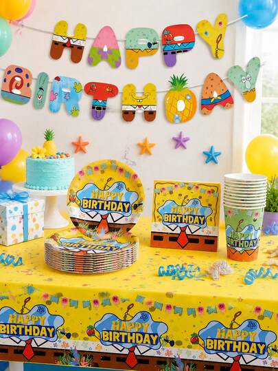 SpongeBob SquarePants 42pcs Party Supplies Set, Decoration Gift Bags, Tablecloth, Napkins, Plates, Suitable For Birthday, Wedding, Anniversary, Graduation