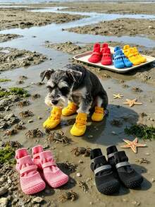 4pcs Random Style Waterproof Pet Dog Shoes, Anti-Slip Soft Sole Scratch-Resistant Washable Reusable Durable Paw Protectors, Suitable For Bichon, Corgi And Other Small To Medium Dogs, For Rainy, Snowy, Hot Road Outdoor Use - Multicolor - View 3