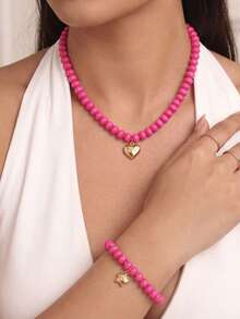 2pcs Fashionable Cute Youthful Aesthetic Rose Red Beaded Heart Pendant Necklace & Star Charm Elastic Bracelet Jewelry Set, Suitable For Girls Daily Wear And Party Holiday Accessories Set - Hot Pink - View 2