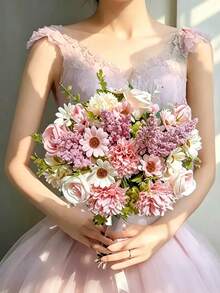 Artificial Flower Bouquet, Including Roses, Daisies, Double-Petal Flowers And Eucalyptus Leaves; Premium Mixed Floral Arrangement, Suitable For Home Decor, Holiday Decoration, Photography Props, Gift Decoration, Autumn Styling And Wedding Display. - Multicolor - View 1