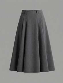 Plus Size Grey High Waist Pleated Skirt For Women, Slimming A-Line Mid-Length Skirt, Professional Office Style, Suitable For Daily Casual And Commute Wear - Grey - View 8