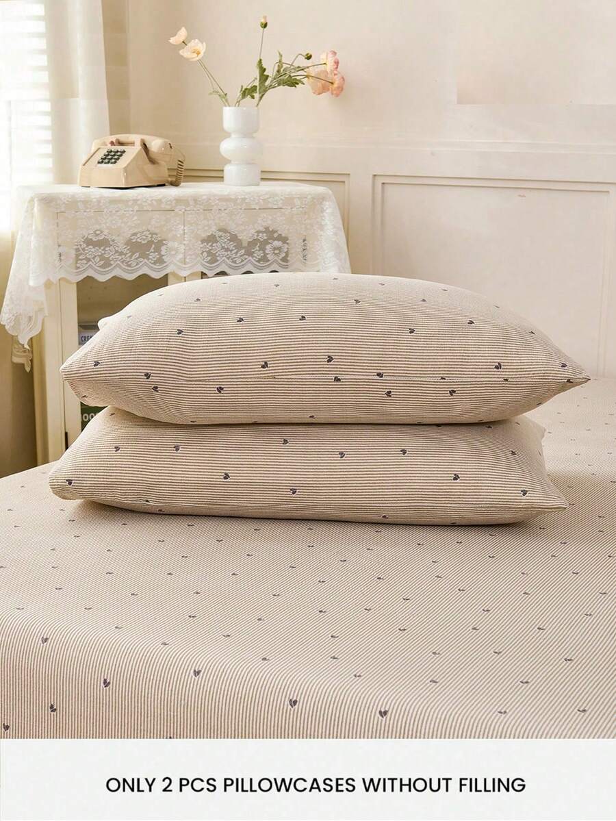 2pcs Striped Heart Pattern Pillowcase Set (Pillow Insert Not Included), Decorative Pillowcase, Super Soft & Breathable, Machine Washable, Suitable For Dorm, Back To School Season And More - Multicolor - View 1