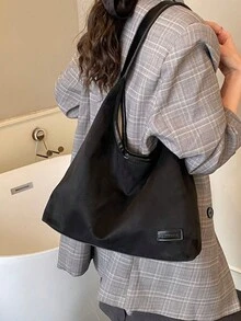 秋冬新款女款麂皮PU肩背托特包，時尚百搭大容量收納肩背包/通勤包 - 黑色 - 查看 5
