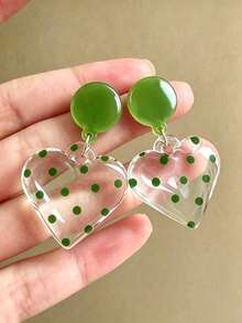 1 Pair Green Round Clear Polka Earrings For Women, Fresh Playful Statement Accessory For Banquet, Travel, Daily Outfits - Green - View 4