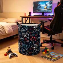 1pc Cartoon Game Controller Print Foldable Round Laundry Basket With Handle, Colorful Graffiti Video Game Pattern Fabric Storage Bin, Multi-Purpose Boy Toy Clothing Sundries Organizer, Suitable For Game Room Bedroom Decor - View 4