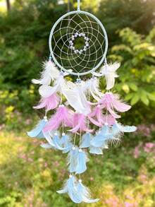 1pc Girls Dream Catcher, Butterfly Center, Pink And White Mixed Feathers And Transparent Beads, Bedroom Pink Decoration, With Decorative Box And White Raffia - Multicolor - View 13