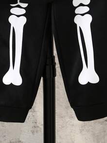 Setelan Halloween Anak Laki-Laki: Hoodie 2 in 1 Motif Tulang Tengkorak + Celana Jogging Motif Tulang Tengkorak - Hitam - View 5