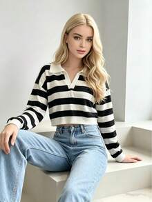 Jersey de punto con solapa a rayas en blanco y negro para mujer, camisa POLO casual de manga larga, corte entallado, favorecedor, cómodo y de estilo moderno. - Blanco y Negro - Ver 8
