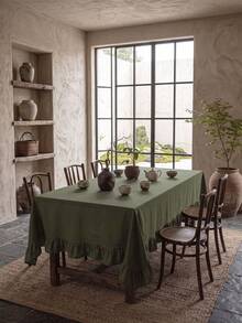 1pc Solid Color Vintage Style Ruffle Edge Dust-Proof Tablecloth, High-End Feel, Lightweight And Breathable, Suitable For Dining Room, Living Room, Bedroom - Army Green - View 2