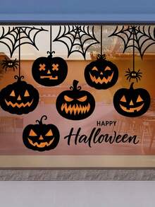 1pc Halloween Pumpkin Window Sticker, Pumpkin Silhouette And Spider Web Glass Decal, Halloween Holiday Decoration Window Sticker, PVC Non-Adhesive Static Cling Sticker, Home Decor Holiday Party Setup Window Sticker - Black - View 1