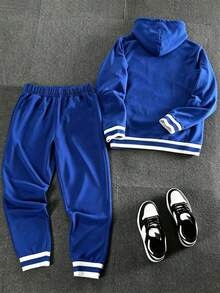 2pcs/Set Tween Boys Street Sports Graphic NY Letter Print Thermal Lined Hoodie With Pocket & Ribbed Cuffs And Drawstring Sweatpants Set, Autumn/Winter - الأزرق - مشاهدة 2