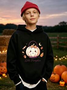 1-Piece Boys' Halloween Hoodie, Small White Pumpkin Basket Printed Hooded Sweatshirt, Suitable For Boys' Daily Party Pullover - Festive Gift - Black - View 1