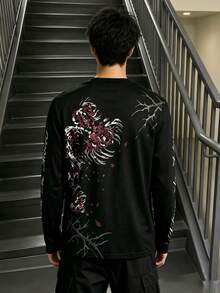 Men's V-Neck Long Sleeve T-Shirt, Gothic Style Spider Lily And Calligraphy Letter Print Streetwear Top - Multicolor - View 2