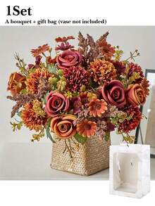 Artificial Flower Bouquet, Including Roses, Daisies, Double-Petal Flowers And Eucalyptus Leaves; Premium Mixed Floral Arrangement, Suitable For Home Decor, Holiday Decoration, Photography Props, Gift Decoration, Autumn Styling And Wedding Display. - Multicolor - View 12