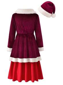 Vihyde Tween Girls Christmas New Arrival 2 Pieces Outfit, Luxe Velvet Faux Fur Trim Gold Embroidery Midi Dress With Christmas Hat Set - Burgundy - View 4