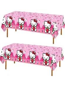 DOBBLE Pink Strawberry Print Cartoon Cat Style Rectangle Tablecloth, Disposable Waterproof Table Cover For Little Girls Birthday Party Dessert Table Favors - Multi-color - View 3