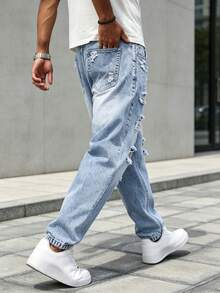Roughcore Men's Loose Fit Distressed Washed Denim Jeans - Light Wash - View 4