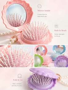 Set Cermin dan Sisir Lipat Portabel 2-in-1 Berbentuk Cangkang, Cermin Rias Mini dengan Liontin Mutiara, Aksesori Kecantikan Perjalanan yang Lucu, Cocok untuk Hadiah Natal, Souvenir, Perlengkapan Perjalanan, Kualitas Terjangkau - MultiWarna - View 4