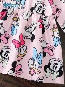 Disney Minnie & Mickey Big Head Print Pink Long Sleeve Dress For Baby Girls, Spring/Autumn, Cartoon Pattern, Slightly Elastic Knit, Round Neck, Suitable For Baby Girl Daily Wear, Great Gift - Pink - View 6