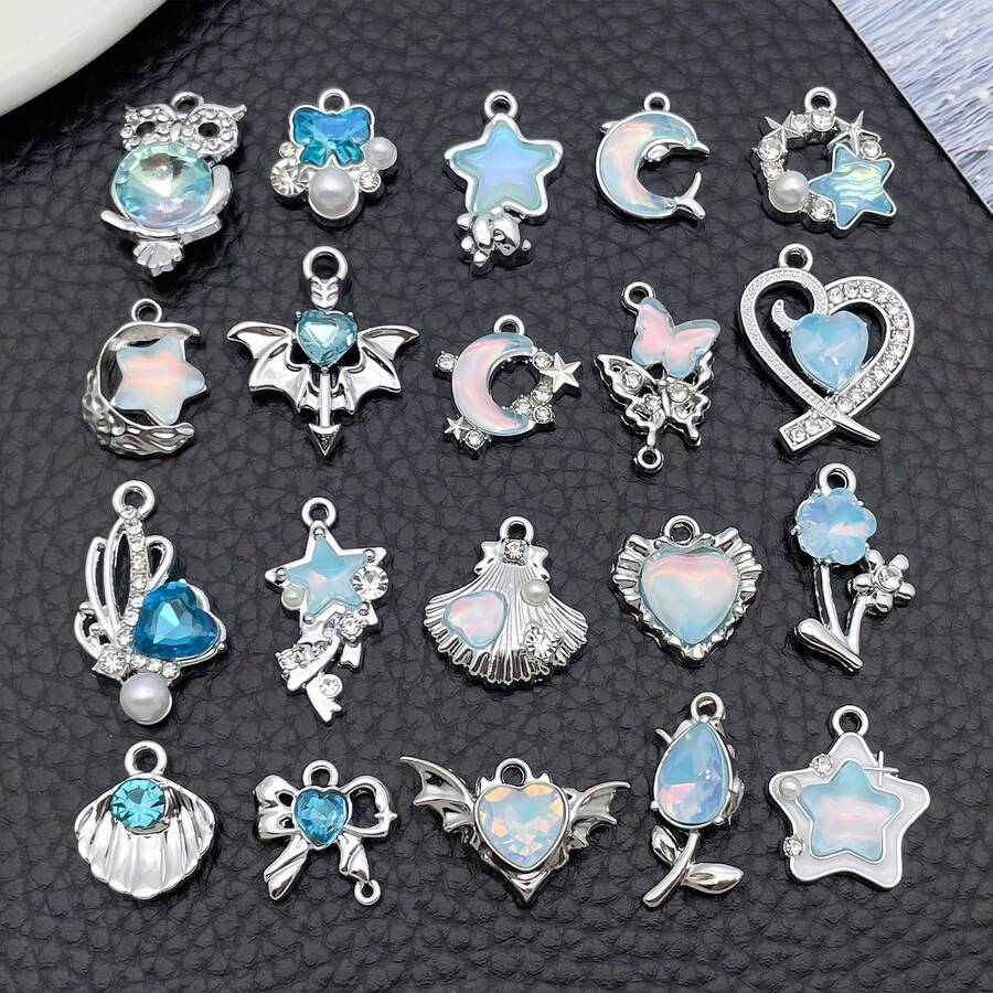 5/20pcs Silvery Plated Blue Rhinestone Charms Dolphin Shell Star Heart Butterfly Owl Pendant For DIY Bracelet Necklace Earring Jewelry Making Findings