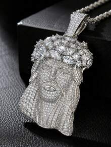 Bold Crown Head Jesus Pendant, Shiny And Eye-Catching, Showcasing Personalized And Style. Gold Appearance Combined With Thick Twisted Rope Chain, Paired With Large Size Pendant, Overall Fashionable And Striking Design, Easily Creating Hip-Hop Street Style. Suitable For Matching With T-Shirts, Hoodies, Jackets And Other Daily Outfits, Also Applicable For Parties, Gatherings, Music Festivals, Street Photography And Other Occasions, It Is A Personalized Accessory To Enhance Overall Style. - Rice Grain Jesus - View 2