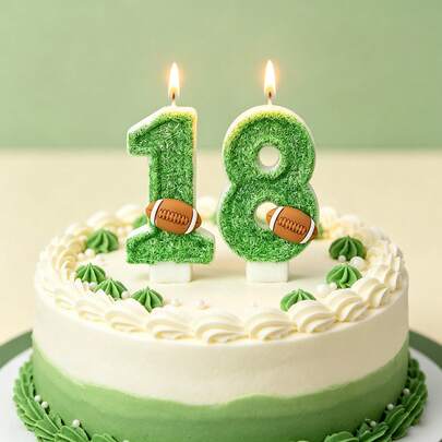 1pc Handmade Grass‑Textured Green Number Birthday Candle With American Football Decor, 0‑9 Numeral Cake Topper, Sporty Cake Decoration For Boys Birthday Baby Shower Sports Themed Party Dessert Table Celebration Supplies