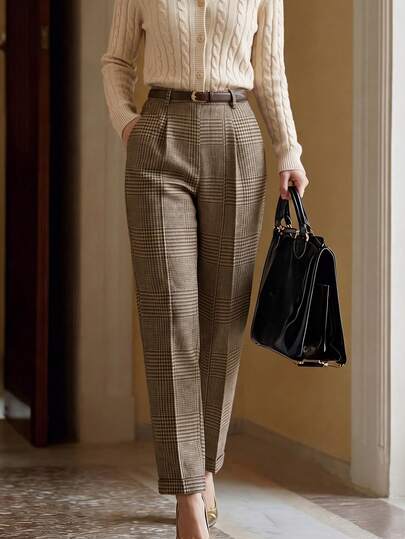 DONICY Women's Brown White Houndstooth High Waist Pleated Cuffed Straight Leg Suit Pants, Vintage Draped Dress Trousers For Spring Fall Office Wear