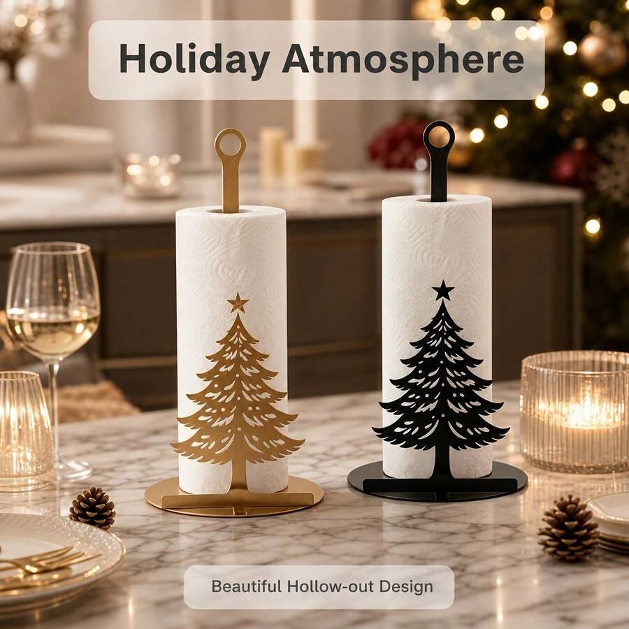 1pc Christmas Tree Hollow Iron Art Kitchen Paper Towel Holder,Desktop Christmas Decoration, Suitable For Home Kitchen Countertop Storage, Sturdy And Elegant, Universal Golden/Black Model - Multicolor - View 1