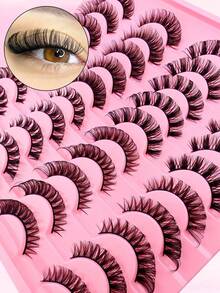 1 Set Mixed False Eyelashes, Russian Strip Lashes, D Curl, Wispy Natural Look, 16mm Fluffy Faux Mink Lashes, Like Eyelash Extensions, Fluffy Cat Eye Look, False Tail Lengthening Eyelash Set - Black - View 9